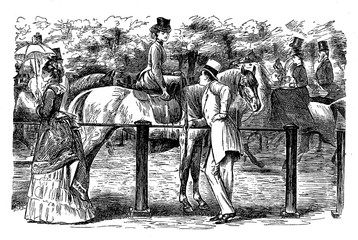 Dating at the race, cartoon depicting a gentleman flirting with a young lady horseback  by George du Maurier (1834-1896) a Franco-British cartoonist for Punch, 1873