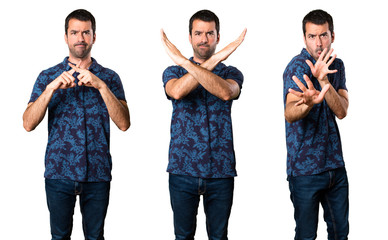 Set of Brunette man making NO gesture