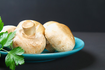 White fresh champignons with parsley on a wooden board on a gray dark table. Mushrooms. Copy the space. Top view.