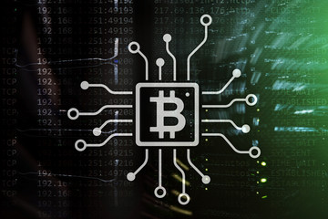 Bitcoin, Blockchain concept on server room background.
