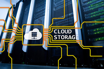 Cloud data storage concept on server room background.
