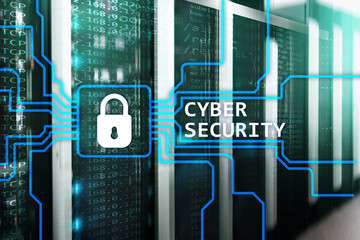 Cyber security, information privacy and data protection concept on server room background.