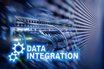 Data integration information technology concept on server room background.