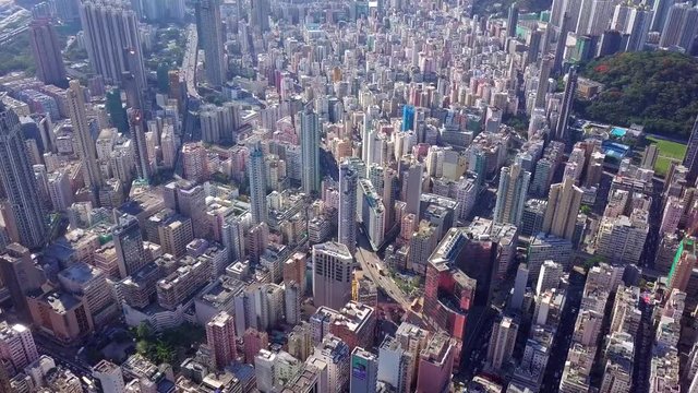  Drone fly over Hong Kong urban city