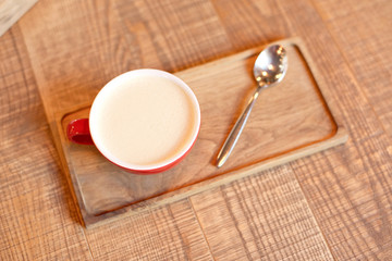top view coffee cup on wooden tray