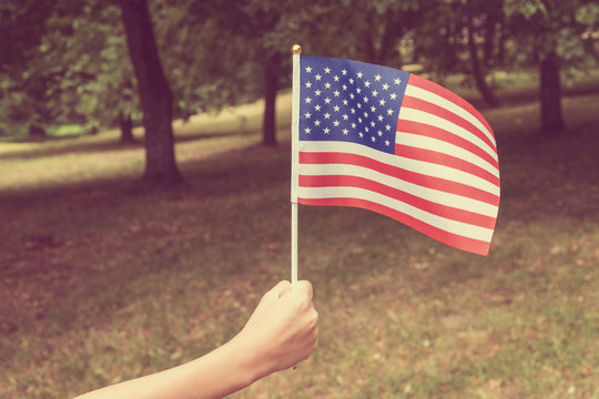 Child waving american flag on the park