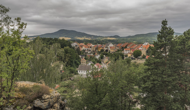 Ustek town with old houses in dark summer day