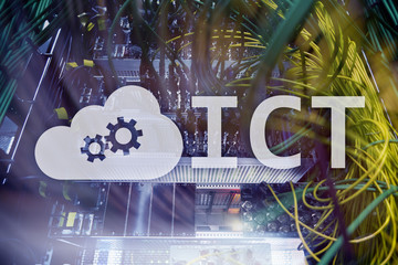 ICT - information and communications technology concept on server room background.