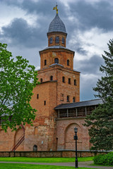 Red brick towers and walls of the Kremlin fortress in Veliky Novgorod, Russia.