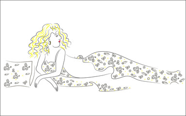 Sexy beautiful blonde girl lies.Drawing brush vector illustratio/ Sexy young blonde is resting. Lies on a wrap with a floral print. Beautiful fabric.Vector illustration EPS 8 graphic in your web site