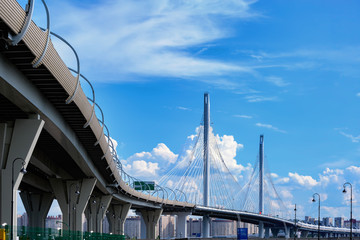 Cable-stayed bridge over Neva river on Western Rapid Diameter highway in St. Petersburg, Russia.