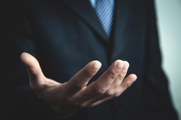 Obraz premium Businessman showing empty hand. Giving gesture