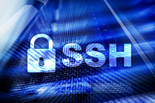 SSH - Secure shell network internet connection. Server room on background.
