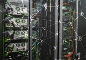 Wi fi network abstract structure on modern server room background.