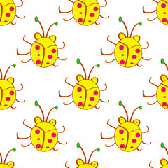 Seamless beetle, bugs yellow cartoon pattern. In kids style. Background with happy insects. Colorful hand drawn print. Vector doodle illustration