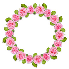 Obraz premium Rond frame Wreath made of pink roses isolated on white background. Gentle circular floral ornament. Flower mandala
