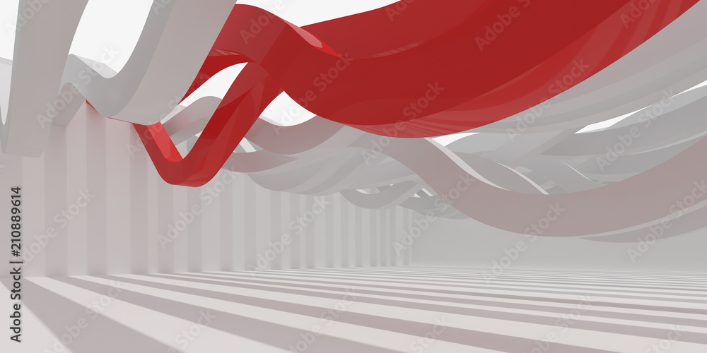 Poster 3d stimulate of white interior space and red curve line with sun light cast the shadow on the wall a