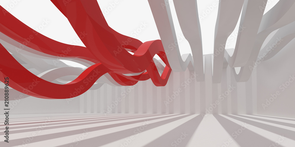 Aufkleber 3D stimulate of white interior space and red curve line with sun light cast the shadow on the wall and floor,Perspective of minimal design architecture,3d rendering	