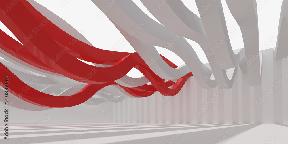 Poster 3d stimulate of white interior space and red curve line with sun light cast the shadow on the wall a