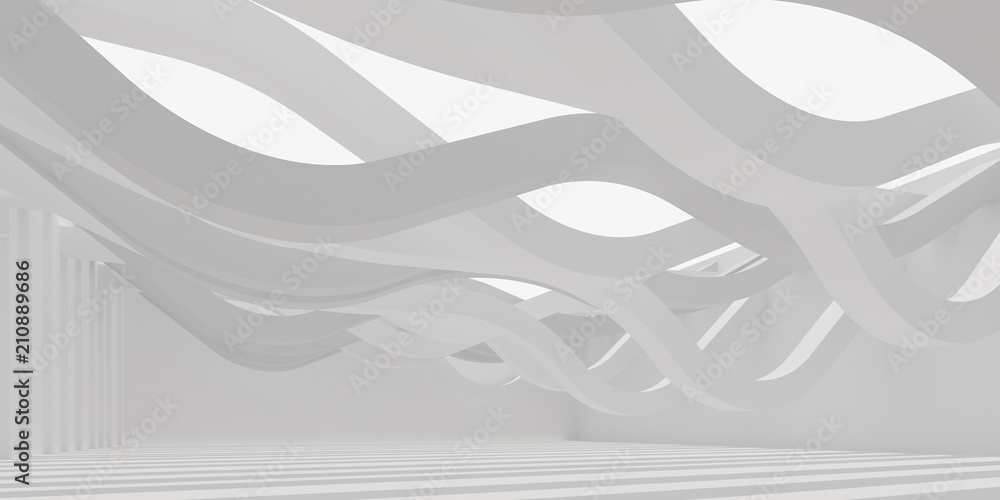 Poster 3D stimulate of white interior space and curve line with sun light cast the shadow on the wall and floor,Perspective of minimal design architecture,3d rendering	