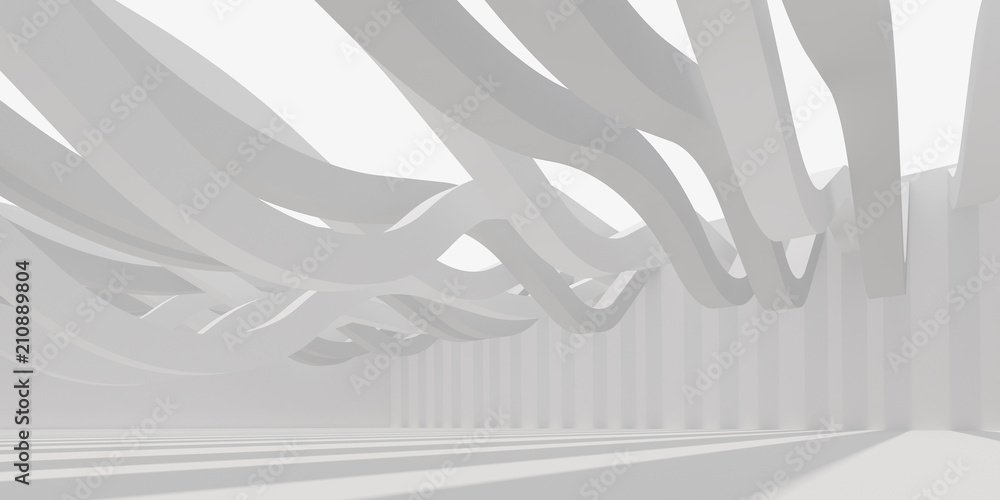 Poster 3D stimulate of white interior space and curve line with sun light cast the shadow on the wall and floor,Perspective of minimal design architecture,3d rendering	