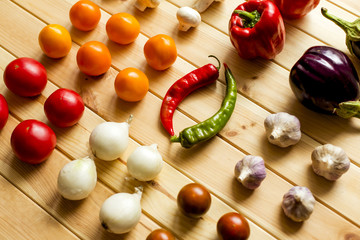 Flat lay of fresh vegetables for background, Different vegetables for eating healthy. Colorful...
