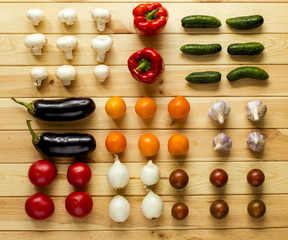 Various vegetables on wood background, top view, flat lay. Concept of healthy eating