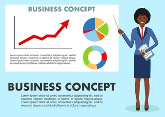 Business concept. Businesswoman near whiteboard and pointing on the chart of finance analytics. Graph with trend line rising up and coin with sign of dollar in flat style isolated. Vector illustration
