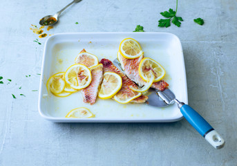 Fillet of Red mullet fish in a casserole