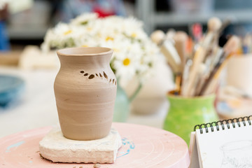Workshop of clay pottery ceramic, decorating dishware pot