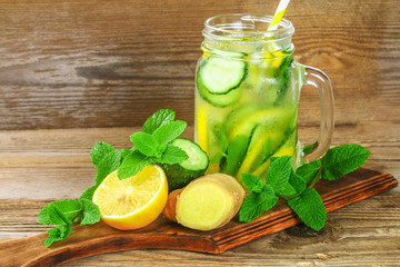 Sassy water. Fresh cool water with cucumber, lemon, ginger and mint. Detox and weight loss.