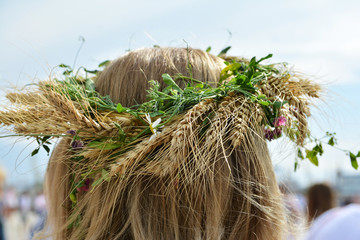 Traditional crown of flowers at International Blouse Day in Dobrogea , Romania