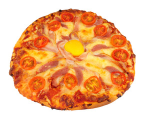 Egg and bacon pizza with tomato and cheese isolated on a white background