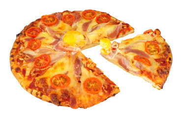 Egg and bacon pizza with tomato and cheese isolated on a white background