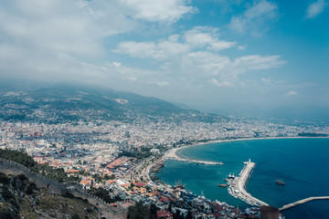 Alanya, Turkey. Wonderful country. At home from a height. Roofs of buildings. Antique Castle. View of the city.