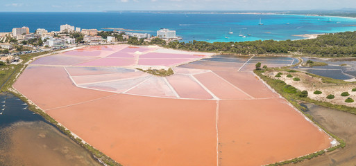 Amazing drone aerial landscape of the beautiful salt flats at Colonia de Sant Jordi, Ses Salines, Mallorca, Spain