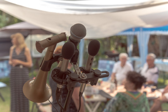 During a garden party is often sung and made music. This has the mood and good mood. Concept: party or people