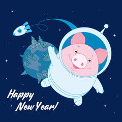 Pig in a space suit in space on the background of the rocket and the planet. Symbol of the new year in the Chinese calendar. 2019. Vector. Illustration for postcards, stickers, posters
