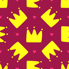 Repeated crowns and hearts. Cute seamless pattern for children. Endless girlish print.
