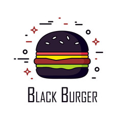 Vector color icon with black burger on white background. Thin line flat design. Banner for fast food.