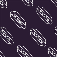Fast food pattern with contour hot dog on black background. Thin line flat design. Vector. - 210893642