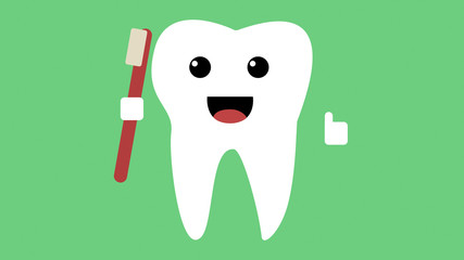 Cartoon happy tooth icon, healthy teeth concept smiling and holding toothbrush whilst giving a thumbs up, green background