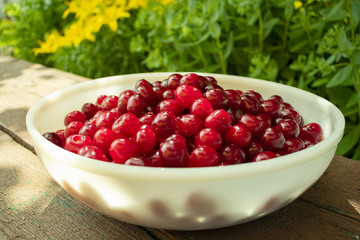 red ripe cherry collected in a white bowl on a wooden board in a flowering garden