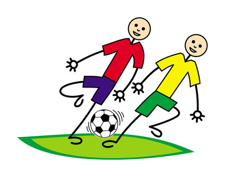 Football (soccer) two cartoon little men in the fight for the ball. Vector picture.