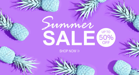 Summer sale with painted pineapples on a vivid purple background