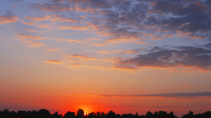bright evening cloudy sky at sunset. silhouettes of trees.