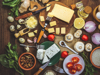 different cheeses and ingredients for cooking