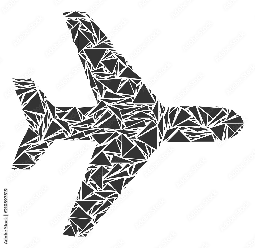 Poster air plane mosaic of triangle elements in various sizes and shapes. vector triangles are organized in