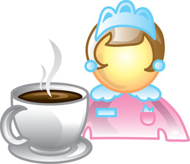 Illustration of a cafe waitress icon with a cup of coffee. This icon is part of the food industry icon collection.