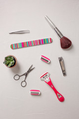 Fototapeta na wymiar Pink Self Care Hygiene Items for Women